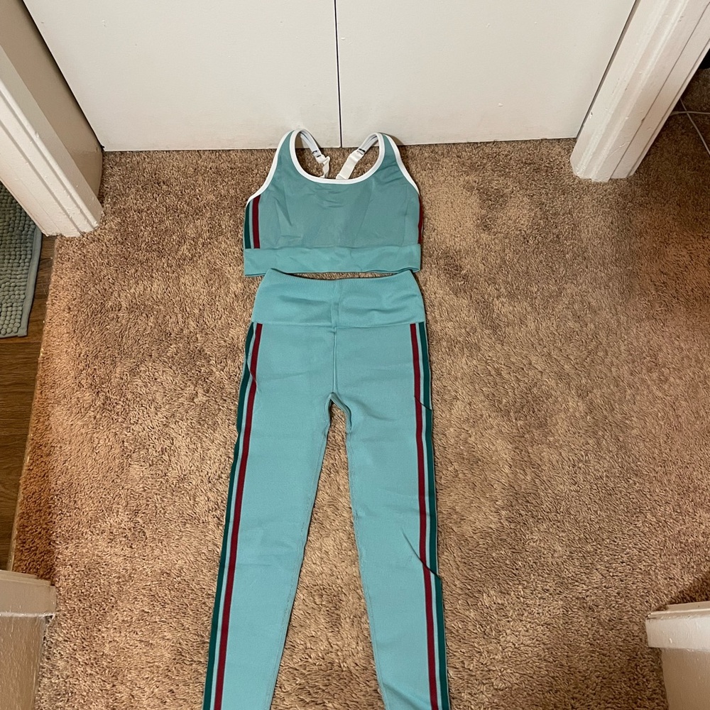 Fabletics striped seamless sports bra and leggings matching set
